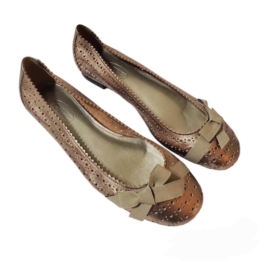 Talbots Rose Gold Metallic Perforated Ribbon Bow Ballet Flats Size 8W